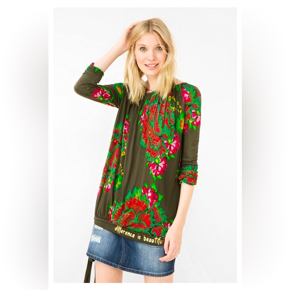 Desigual Floral Sequin Beaded Boho Blouse Maximalist Top Tie Hem M